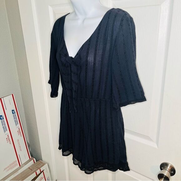 Cotton On Navy Blue Eyelet Tie Front Romper Crochet Lace Trim S - Picture 7 of 10